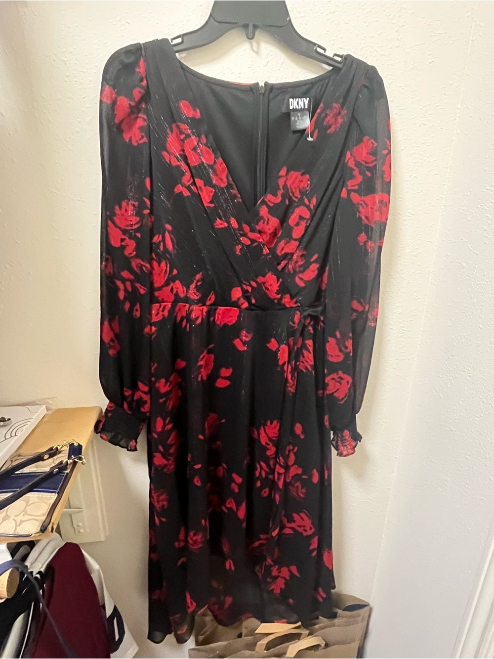 DKNY Black Midi Dress with Red Floral Print, Long Sleeve